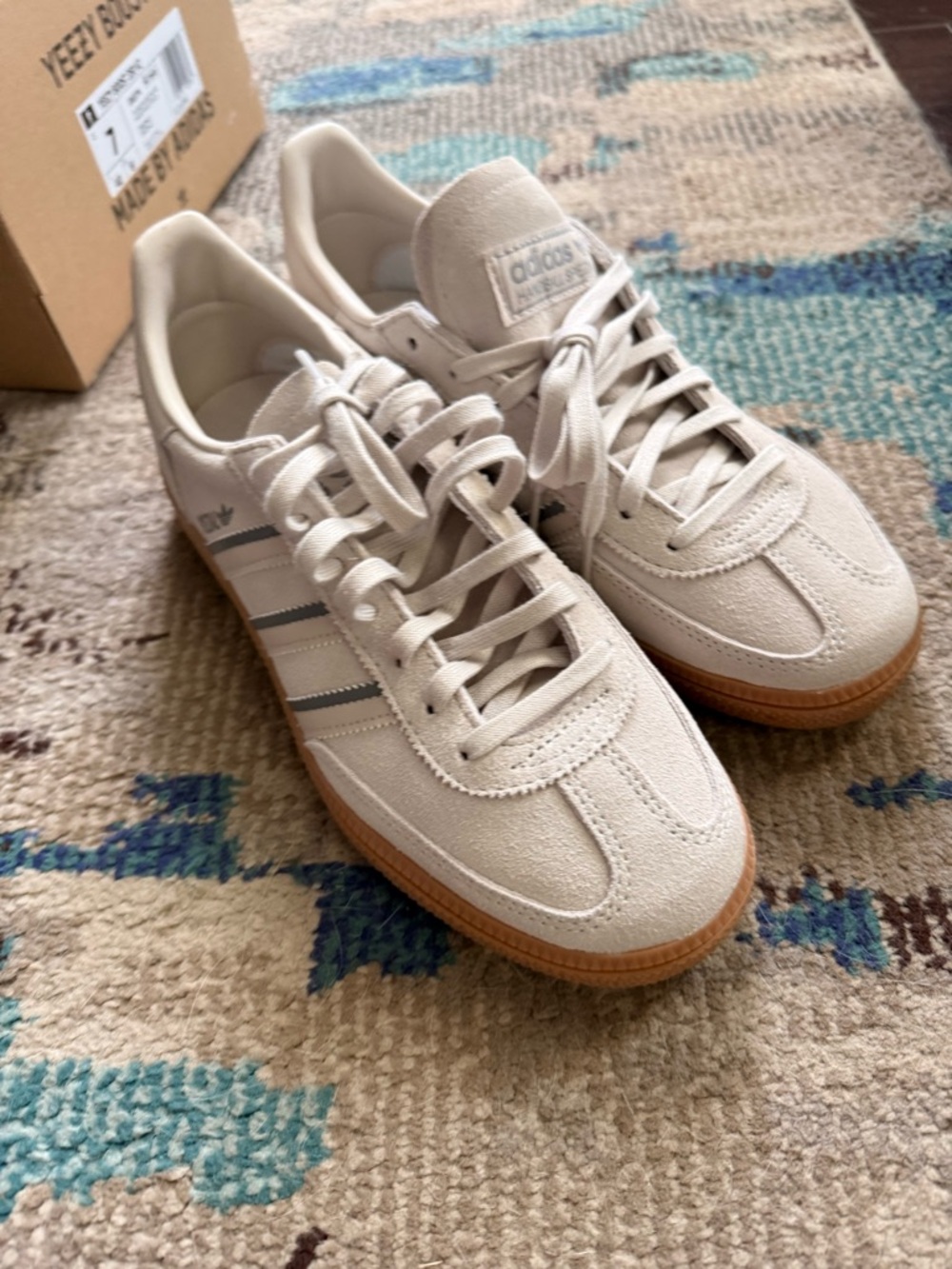 New Adidas Spezial White Sneakers with Light Blue Stripes and Gum Soles
